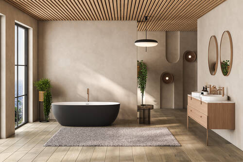 Beige bathroom interior with double sink mirror carpet hardwood floor black bathtub plants bathing accessories window hotel studio 3d rendering